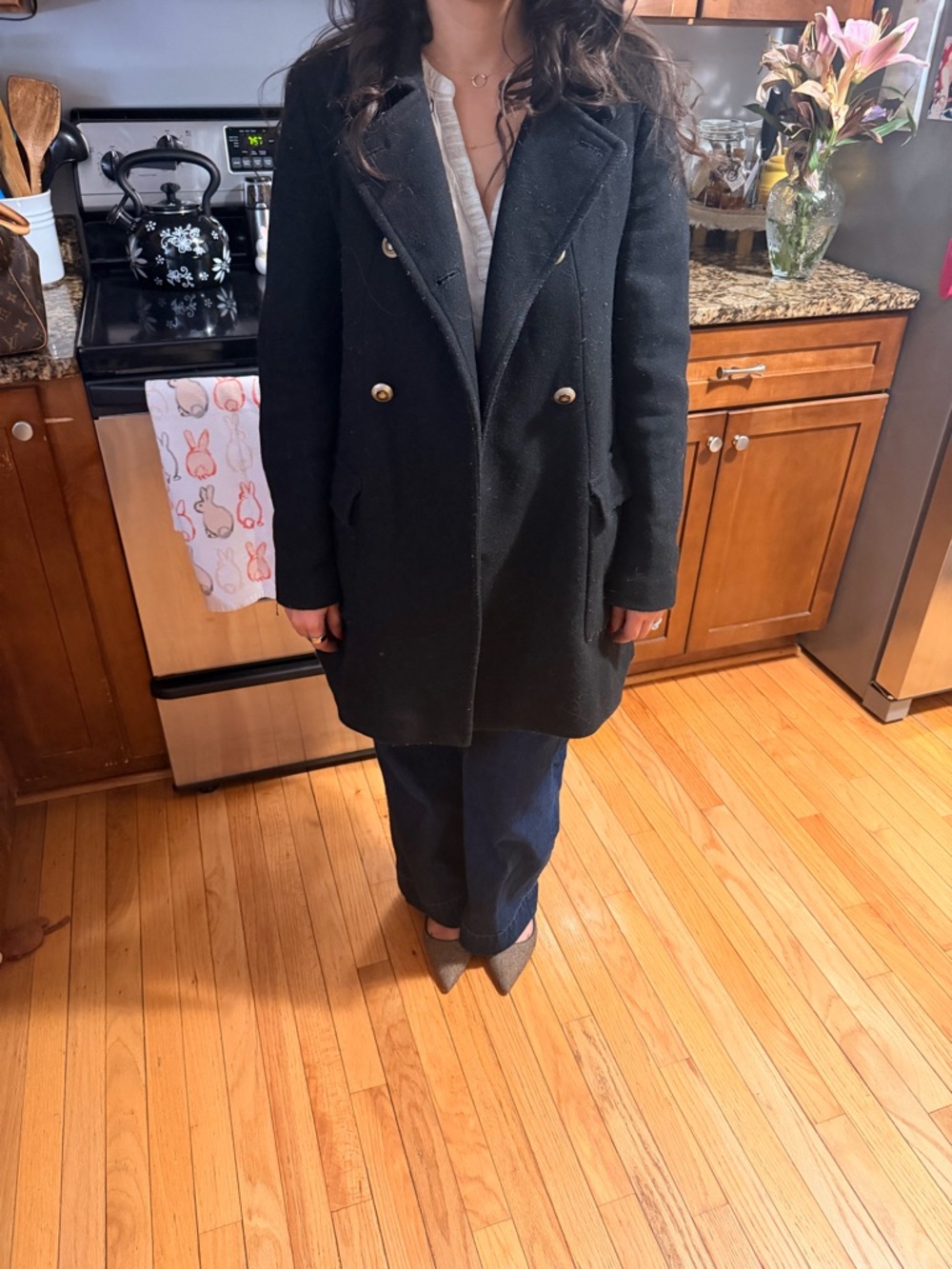 Zara Black Double-Breasted Pea Coat with Gold Buttons